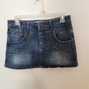 Y2K Denim Skirt Sz Medium Juniors Micro Mini Jean Rainbow Stitch Low Rise Blue